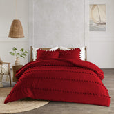 3 Pcs Luxury Duvet Set With Pom Pom Lace -  Red